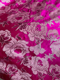 Hot Pink & Silver Large Floral - Faux Silk Brocade Jacquard Fabric