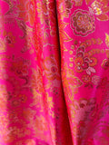 Neon Pink & Orange Floral - Faux Silk Brocade Jacquard Fabric