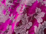 Hot Pink & Silver Large Floral - Faux Silk Brocade Jacquard Fabric