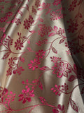 Champagne, Pink & Gold Flowers on Stems - Faux Silk Brocade Jacquard Fabric