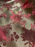 Gold with Red Poinsettia Christmas Floral - Faux Silk Brocade Jacquard Fabric