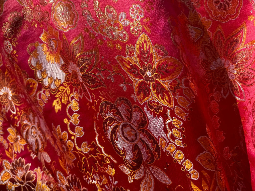 Red, Orange & Gold Floral - Faux Silk Brocade Jacquard Fabric