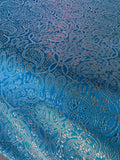 Turquoise Blue & Silver Small Paisley - Faux Silk Brocade Jacquard Fabric