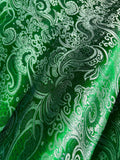 Emerald Green & Silver Paisley - Faux Silk Brocade Jacquard Fabric