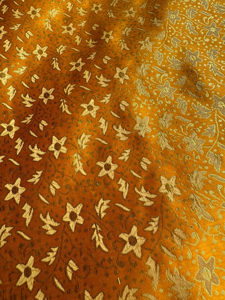 Orange with Gold Small Flowers - Faux Silk Brocade Jacquard Fabric