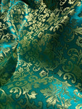 Emerald Green & Gold Leaves Damask - Faux Silk Brocade Jacquard Fabric