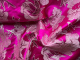 Hot Pink & Silver Large Floral - Faux Silk Brocade Jacquard Fabric