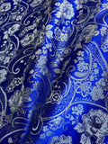 Royal Blue & Silver Paisley Floral- Faux Silk Brocade Jacquard Fabric