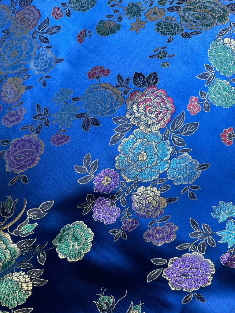 Royal Blue w/ Multi Colored Flowers - Faux Silk Brocade Jacquard Fabric