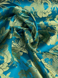 Large Turquoise & Gold Flowers - Faux Silk Brocade Jacquard Fabric