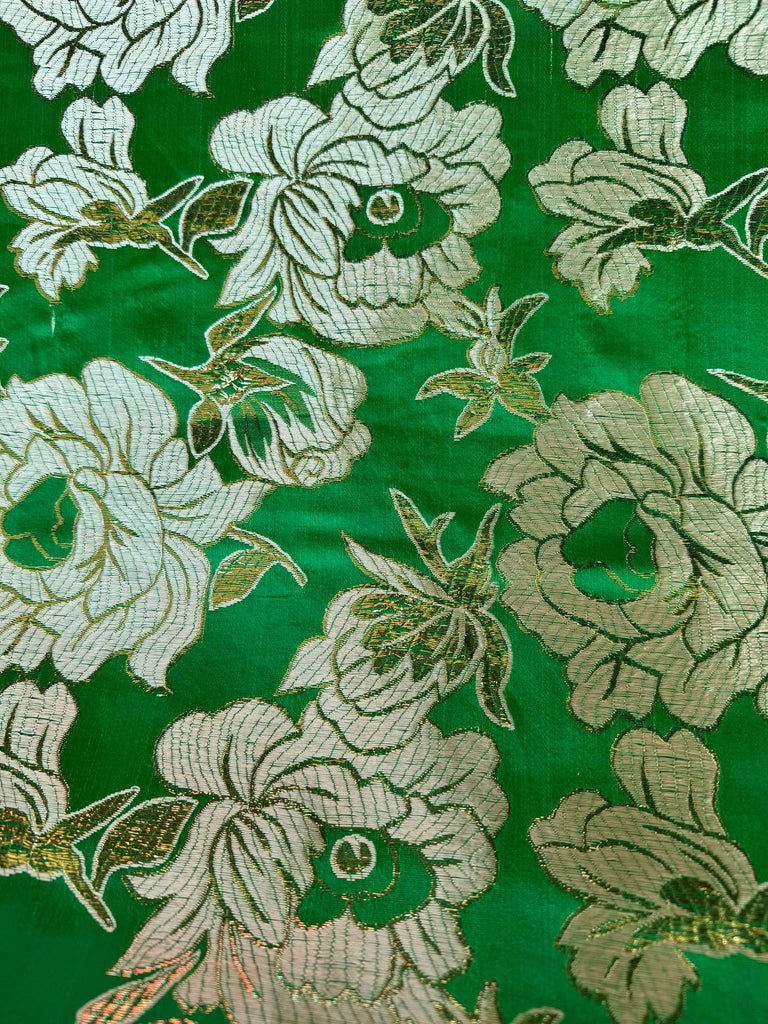 Large Kelly Green & Gold Flowers - Faux Silk Brocade Jacquard Fabric