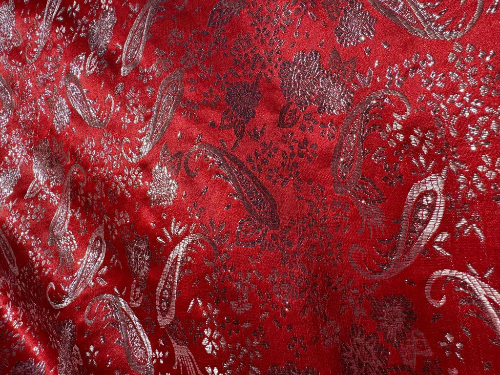 Red & Silver Paisley Floral- Faux Silk Brocade Jacquard Fabric