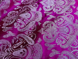 Fuchsia Pink & Silver Damask Paisley - Faux Silk Brocade Jacquard Fabric