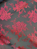 Black & Scarlet Red Roses Floral - Faux Silk Brocade Jacquard Fabric