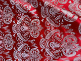 Red & Silver Damask Paisley - Faux Silk Brocade Jacquard Fabric