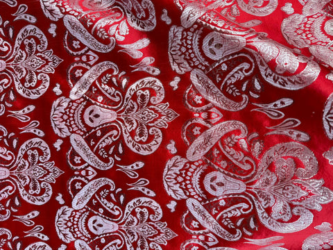 Red & Silver Damask Paisley - Faux Silk Brocade Jacquard Fabric