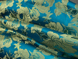 Large Turquoise & Gold Flowers - Faux Silk Brocade Jacquard Fabric