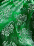 Kelly Green & Silver Floral - Faux Silk Brocade Jacquard Fabric