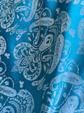 Turquoise Blue & Silver Damask Paisley - Faux Silk Brocade Jacquard Fabric