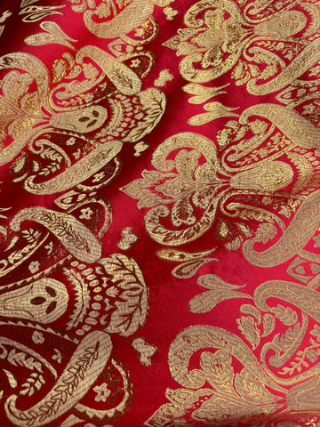 Red & Gold Damask Paisley - Faux Silk Brocade Jacquard Fabric