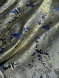 Blue & Gold Abstract Floral - Faux Silk Brocade Jacquard Fabric