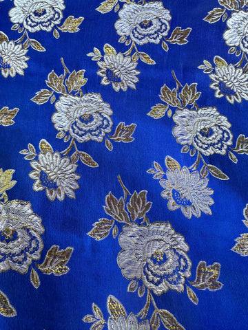 Royal Blue with Gold Flowers - Faux Silk Brocade Jacquard Fabric