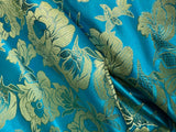 Large Turquoise & Gold Flowers - Faux Silk Brocade Jacquard Fabric