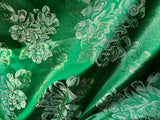 Emerald Green & Gold Roses Floral - Faux Silk Brocade Jacquard Fabric