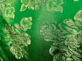 Emerald Green & Gold Roses Floral - Faux Silk Brocade Jacquard Fabric