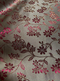 Champagne, Pink & Gold Flowers on Stems - Faux Silk Brocade Jacquard Fabric