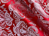 Red & Silver Damask Paisley - Faux Silk Brocade Jacquard Fabric