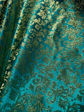 Emerald Green & Gold Leaves Damask - Faux Silk Brocade Jacquard Fabric