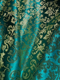 Emerald Green & Gold Leaves Damask - Faux Silk Brocade Jacquard Fabric