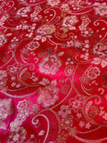 Red & Gold Paisley Floral- Faux Silk Brocade Jacquard Fabric