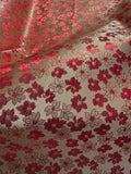 Red & Champagne Gold Flowers - Faux Silk Brocade Jacquard Fabric