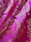 Fuchsia Pink & Gold Damask Paisley - Faux Silk Brocade Jacquard Fabric