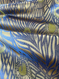 Gold with Blue Peacock Feathers - Faux Silk Brocade Jacquard Fabric