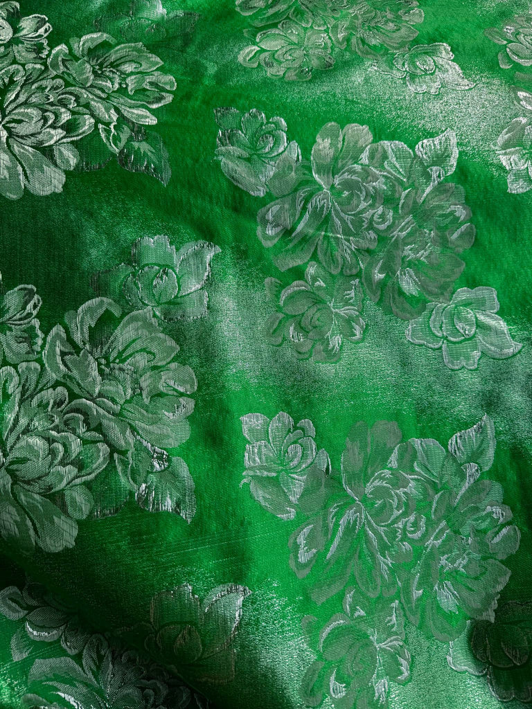 Kelly Green & Silver Floral - Faux Silk Brocade Jacquard Fabric