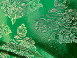 Emerald Green & Gold Roses Floral - Faux Silk Brocade Jacquard Fabric