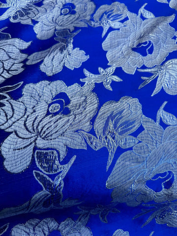 Royal Blue with Silver Flowers - Faux Silk Brocade Jacquard Fabric