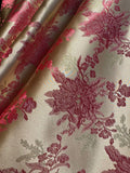 Gold with Red Poinsettia Christmas Floral - Faux Silk Brocade Jacquard Fabric