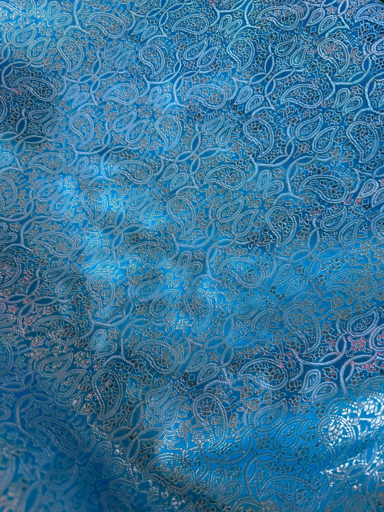 Turquoise Blue & Silver Small Paisley - Faux Silk Brocade Jacquard Fabric