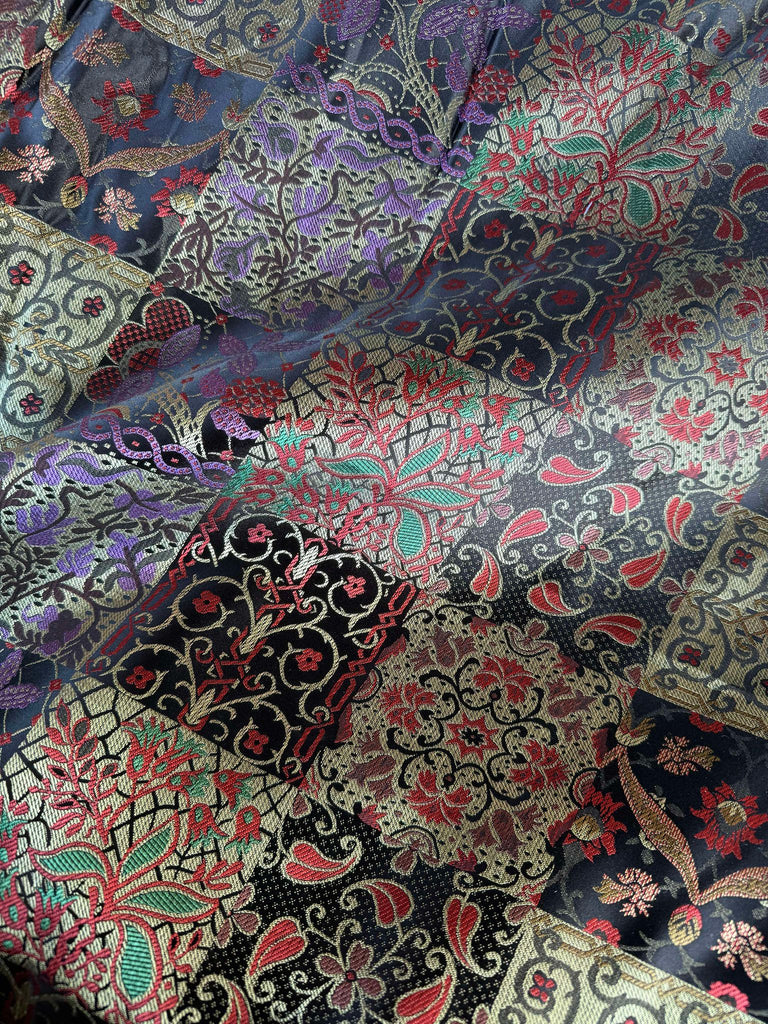 Purple Red Black & Gold Floral Patchwork - Faux Silk Brocade Jacquard Fabric