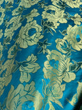 Large Turquoise & Gold Flowers - Faux Silk Brocade Jacquard Fabric