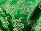 Emerald Green & Gold Roses Floral - Faux Silk Brocade Jacquard Fabric