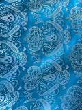 Turquoise Blue & Silver Damask Paisley - Faux Silk Brocade Jacquard Fabric