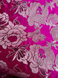 Hot Pink & Silver Large Floral - Faux Silk Brocade Jacquard Fabric