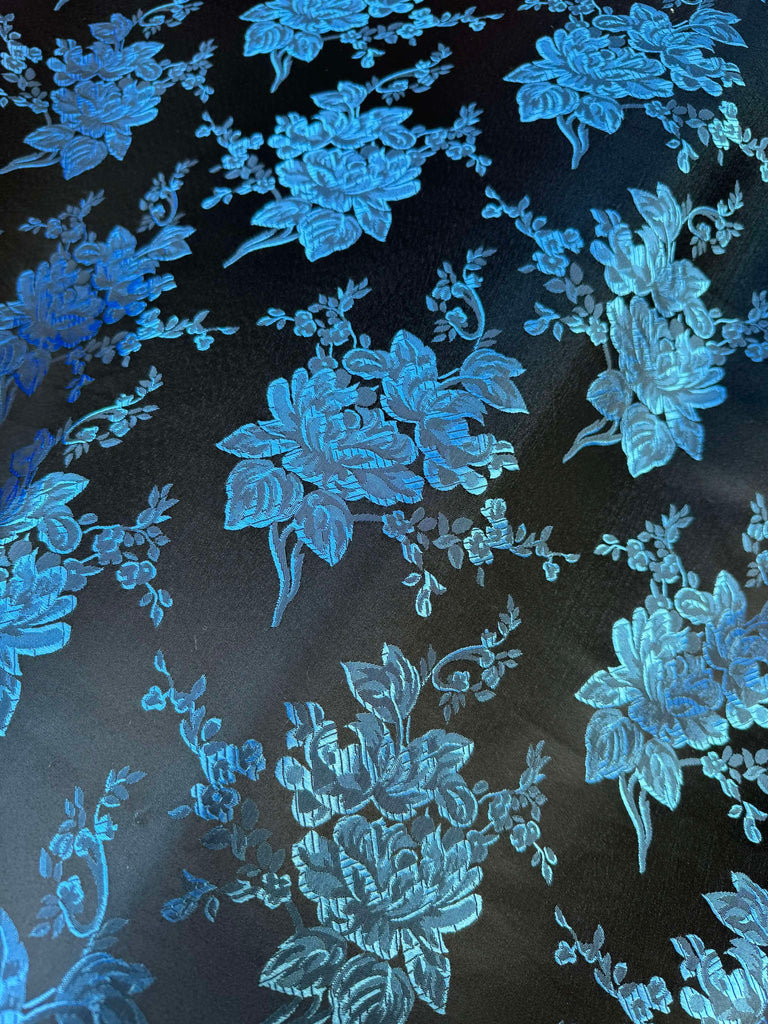 Black & Blue Roses Floral - Faux Silk Brocade Jacquard Fabric