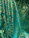 Emerald Green & Gold Leaves Damask - Faux Silk Brocade Jacquard Fabric