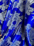 Royal Blue with Silver Flowers - Faux Silk Brocade Jacquard Fabric